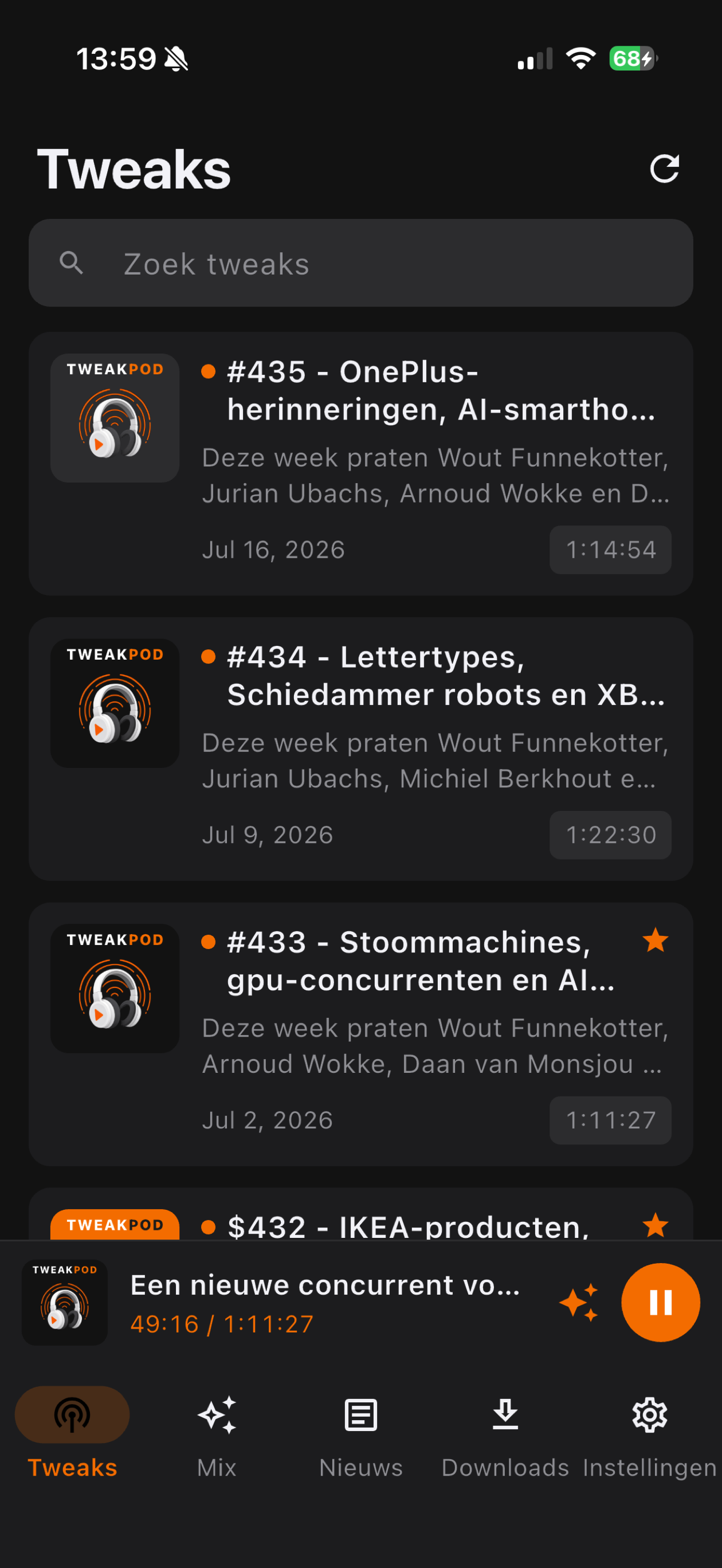 Tweaks-lijst in TweakPod