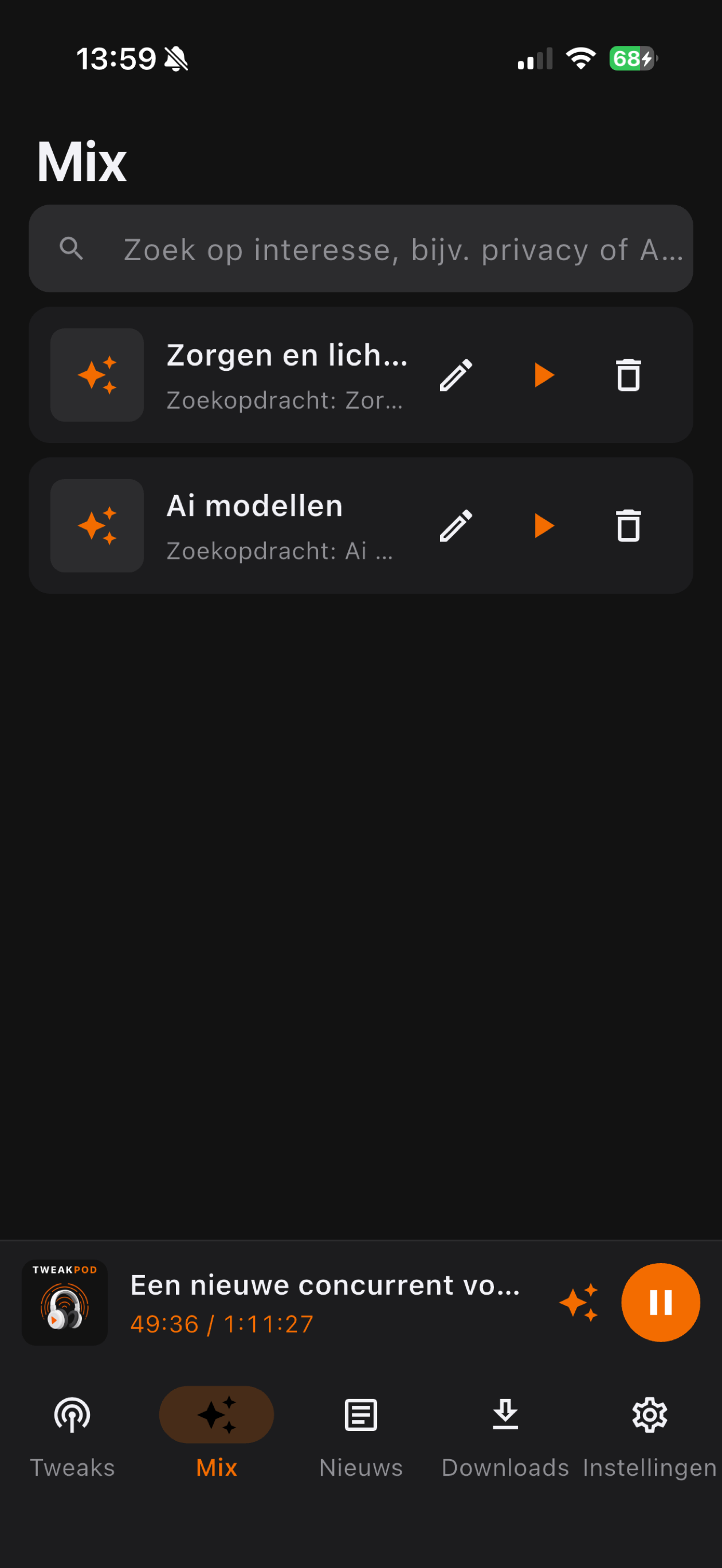 Mix-tab met opgeslagen mixes